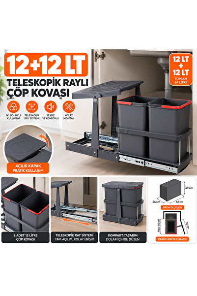 FREKANS 12+12 LİTRE İKİ BÖLMELİ TELESKOPİK RAYLI ÇÖP KOVASI ANTRASİT (C-2260-...