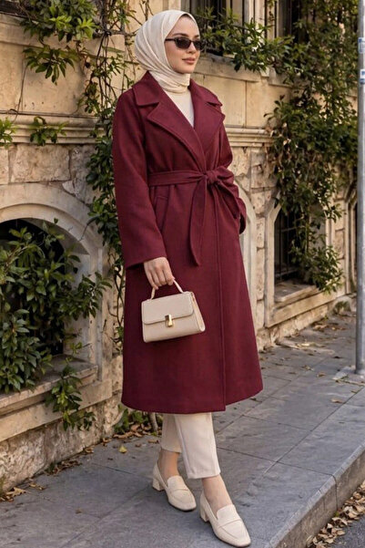 N.S NEVA STYLE Belted Burgundy Hijab Coat 61631Br