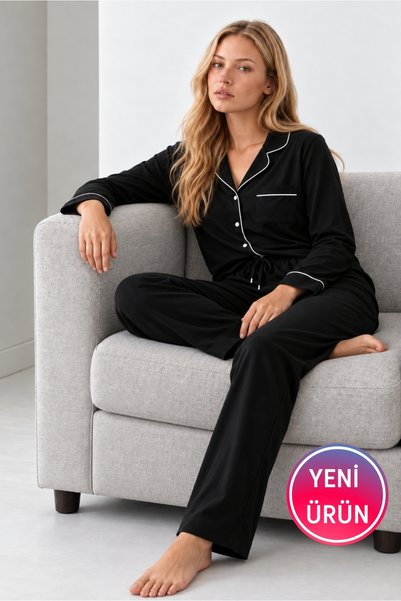 DOFİ Set de pijamale din bumbac alb-negru, cu nasturi, pentru femei