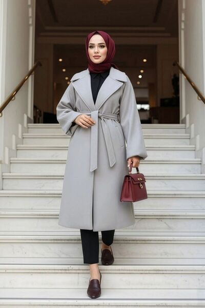 N.S NEVA STYLE Belted Gray Hijab Coat 61631Gr