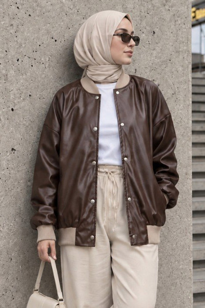 Neva Style Geknöpfte braune Hijab-Lederjacke 9264KH