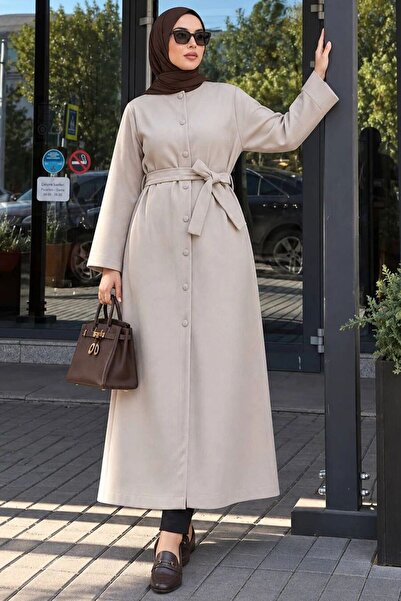 Neva Style Kemerli Bej Kaşe Tesettür Kaban 61302BEJ