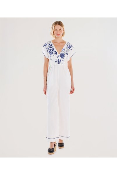 Yargıcı Belted Short Sleeve Jumpsuit with Embroidery Detail
