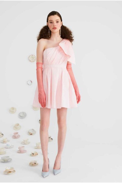 Roman Tek Omuzlu Mini Elbise Toz Pembe Y2211309_278