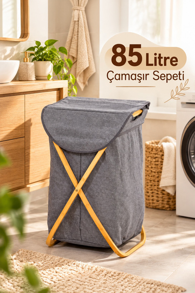 Porsima Mio-100 Bambu Banyo Kirli Çamaşır Sepeti Banyo Düzenleyici Sepet 85 L...