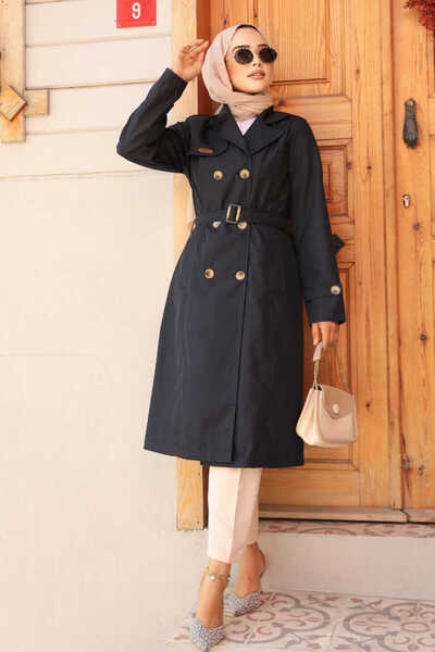 Neva Style Belted Navy Blue Hijab Trench Coat 60500L