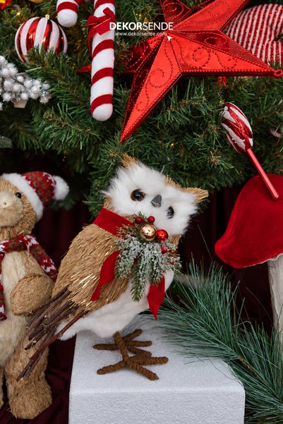Dekorsende New Year's Eve Natural Wicker Textured Owl Figure with Red Scarf a...