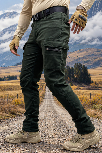 Polviton Men's Cargo Pants Zippered Pocket Section Tactical Outdoor Khaki