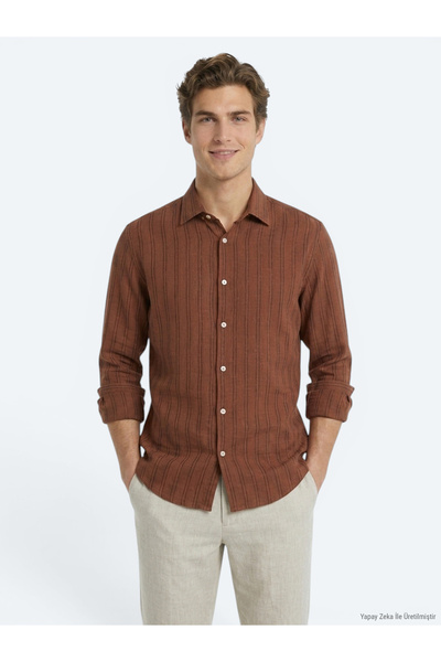 Kip Brown Striped Regular Fit Long Woven Casual Cotton Blend Shirt