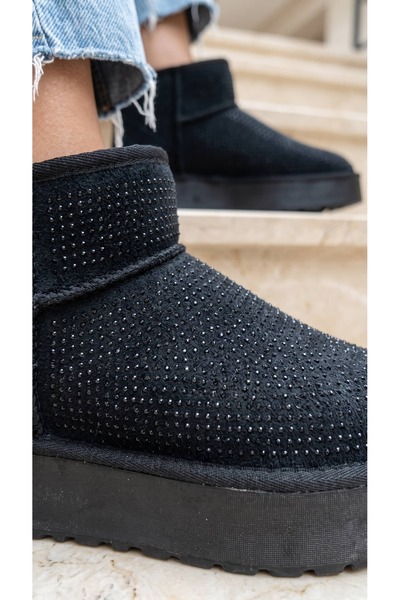 Beyond Women's Stoned Black High Sole Ultra Mini Suede Boots with Fur Inside ...