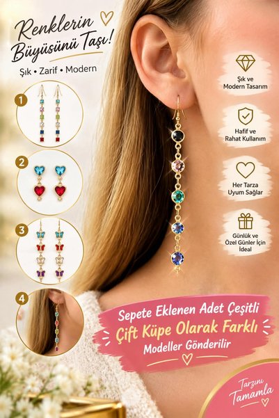 ModaRESSO Gold Sallantılı Renkli Taşlı Şık Kadın Küpe- MODEL 1