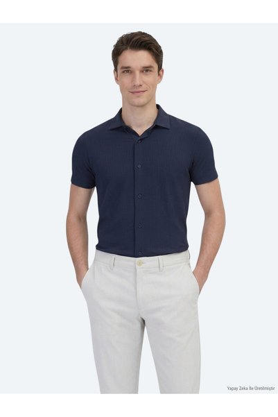 Kip Lacivert Desenli Regular Fit Kısa Casual Gömlek