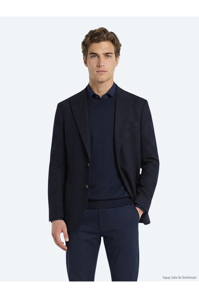 Kip Navy Blue Modern Fit Cotton Blend Jacket