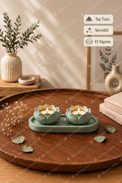 Aksesuar Kuşu Tepsili 2’li Lotus Mumluk Seti Tealight Mumluk Dekoratif Masa O...