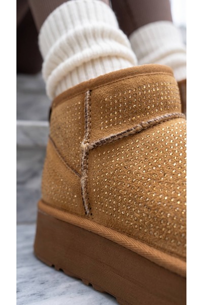 Beyond Women's Stoned Tan High Sole Ultra Mini Suede Boots with Fur Inside 4....