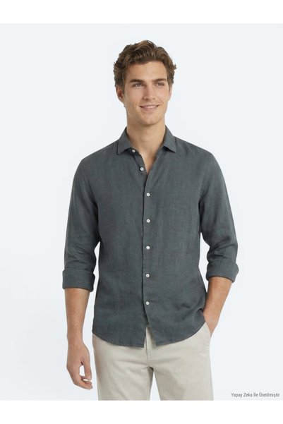 Kip Petrol Blue Regular Fit Long Woven Casual Cotton Blend Shirt