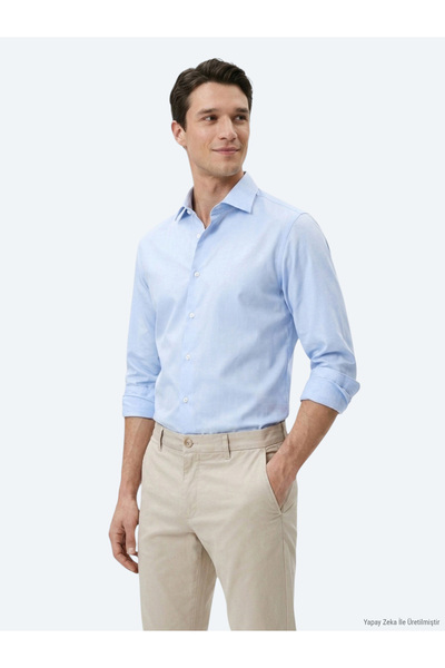 Kip Açık Mavi Çizgili Regular Fit Uzun Dokuma Casual Pamuk Karışımlı Gömlek