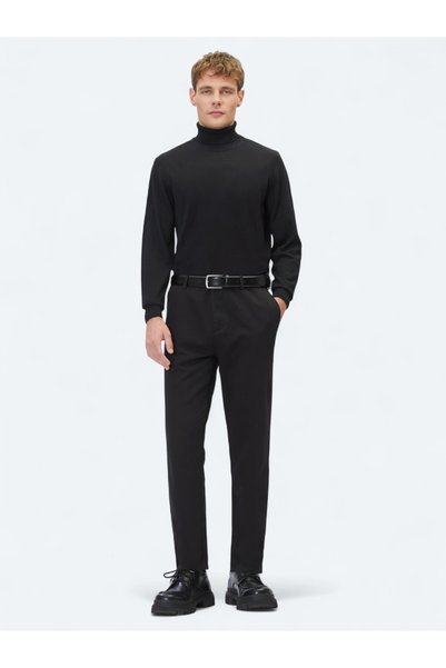 Kip Black Woven Relaxed Fit Casual Cotton Blend Trousers