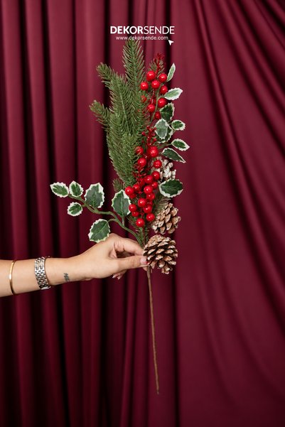 Dekorsende Christmas Ornament with Variegated Leaves, Pine Cones and Red Berr...