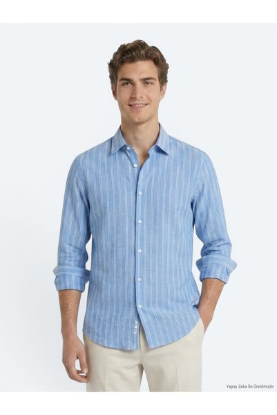 Kip Açık Mavi Çizgili Regular Fit Uzun Dokuma Casual %100 Pamuk Gömlek