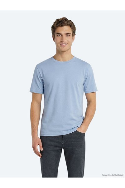 Kip Açık Mavi Düz %100 Pamuk T-Shirt