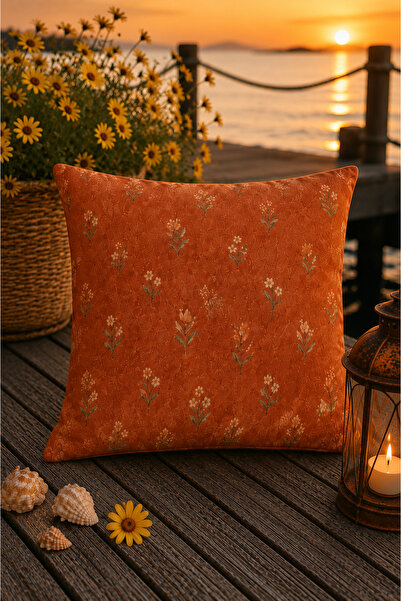 SasoHome Terra Romance Petite Bloom | Terracotta Minik Çiçek Desenli Dekoratif Kırlent Kılıfı | Vintage Botanik Tasarım