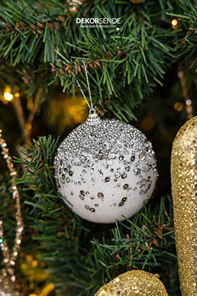 Dekorsende Christmas Tree Ball with Silver Sequins, Set of 2, White, 10 cm