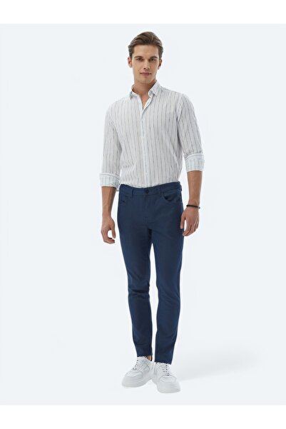 Kip Navy Blue Woven Slim Fit Casual Cotton Blend Trousers