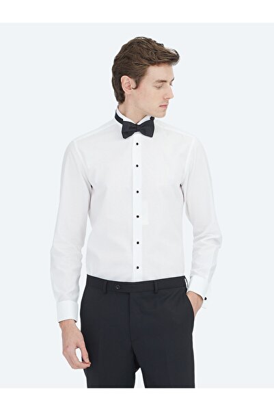 Kip White Plain Slim Fit Double Cuff Turtle Collar Tuxedo Shirt