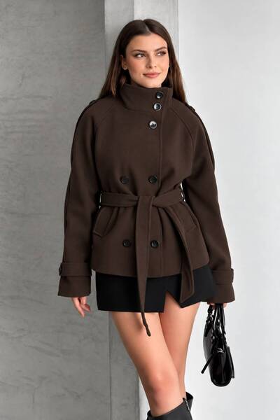 mega lucky Women's Stand Collar Brown Belted Short Lined Cashmere Coat