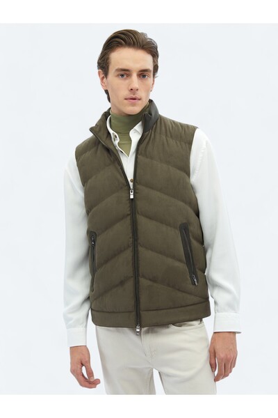 Kip Khaki Regular Fit Stand Collar Casual Woven Sports Vest
