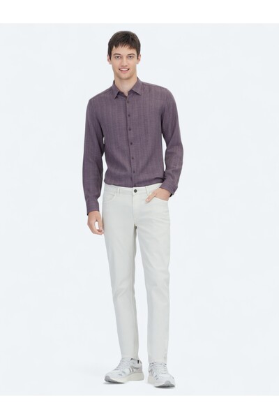 Kip Ecru Plain Woven Slim Fit Casual Cotton Blended Trousers