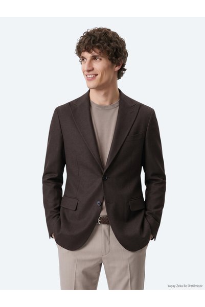 Kip Kahverengi Düz Modern Fit Yün Karışımlı Ceket
