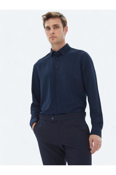 Kip Navy Blue Regular Fit Long Woven Casual Shirt
