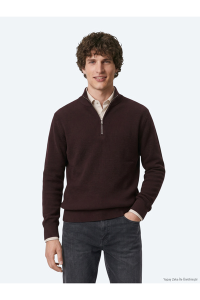 Kip Burgundy Organic Bato Collar Striped Cotton Blend Knit Sweater
