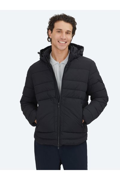 Kip Black Regular Fit Hooded Woven Coat
