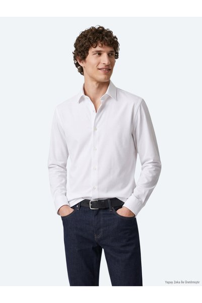 Kip White Plain Regular Fit Long Casual 100% Cotton Shirt