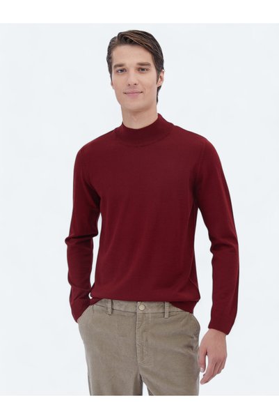 Kip Red Half Turtleneck Plain Knit Wool Blended Sweater