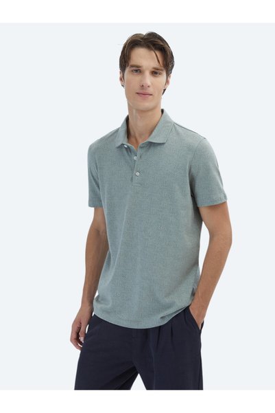 Kip Khaki Patterned Polo Neck Cotton Blend T-Shirt
