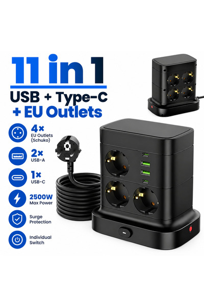 Staryon Prelungitor Tip Turn Vertical Staryon ® 11 în 1, 7 prize UE, 4 portur...