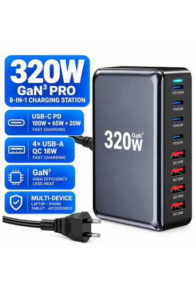 Staryon Stație de încărcare USB rapidă GaN Pro 320W 8 în 1, Încărcător multip...