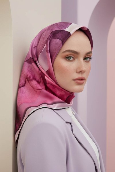 VİOLLA Twill Sulu Boya Desenli Mürdüm - Fuşya Renkli 90x90 Eşarp (İpek İçerme...