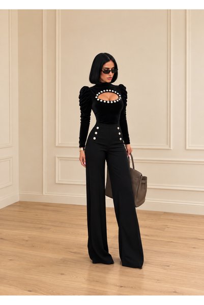 Düğmeli İspanyol Paça Palazzo Siyah Pantalon
