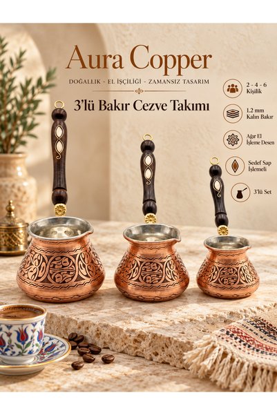 AURA COPPER 3-Piece Copper Coffee Pot Set for 2-4-6 People, Turkish Coffee Pot