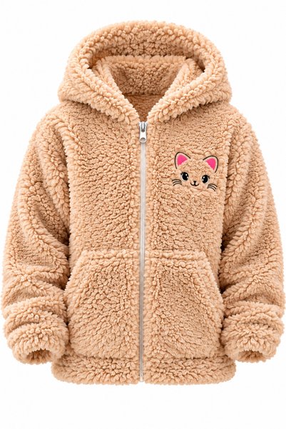 casa nexa Girl's Plush Hooded Zippered Cardigan with Cat Embroidery and Pocke...