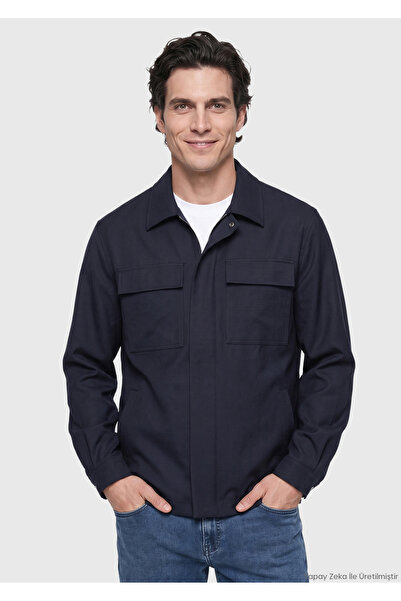 Ramsey Lacivert Düz Regular Fit Uzun Dokuma %100 Yün Overshirt