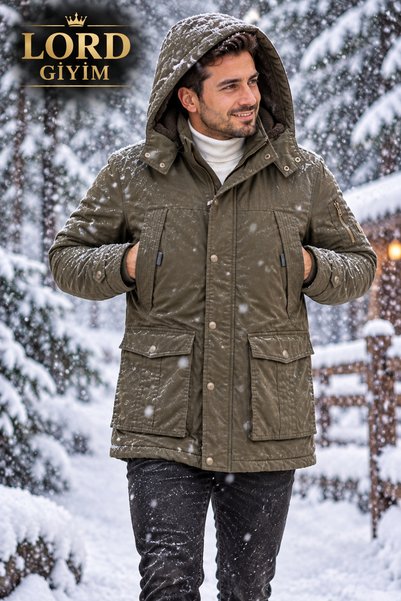 DYNAMO Men's Military Green Waterproof Thick Coat with Fur Inside