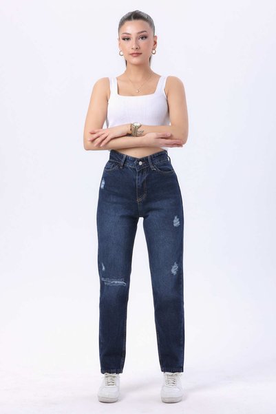 TOFİSA Mom Jeans Denim Pants Dark Blue - 23809-Dark-Blue
