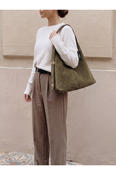 Night Holly Model Suede Khaki Hand and Shoulder Bag with Puppies