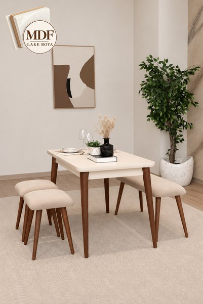 MAQ HOME Netha 70x110 Açılır Mutfak Masası Takımı 2 Tabure 1 Bench Lake Krem ...